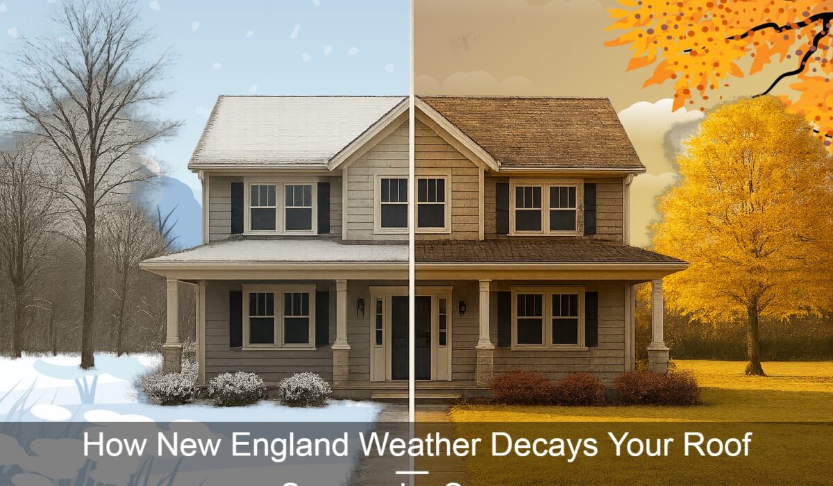 Seasonal weather impact on New England roofing: A comparison image of a house in winter with snow and in autumn with falling leaves. Text overlay: "How New England Weather Decays Your Roof — Season by Season."