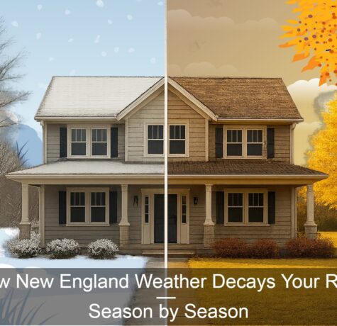 Seasonal weather impact on New England roofing: A comparison image of a house in winter with snow and in autumn with falling leaves. Text overlay: "How New England Weather Decays Your Roof — Season by Season."