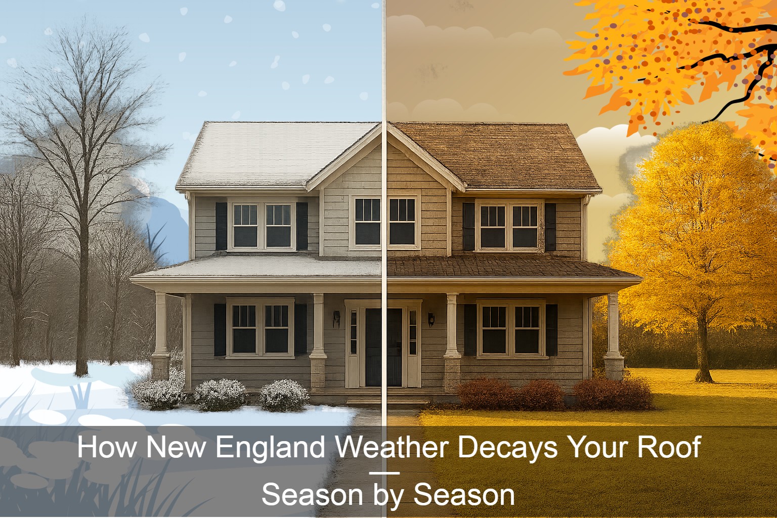Seasonal weather impact on New England roofing: A comparison image of a house in winter with snow and in autumn with falling leaves. Text overlay: "How New England Weather Decays Your Roof — Season by Season."