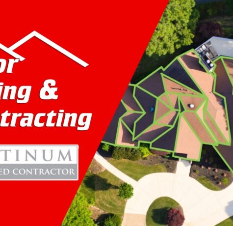 Jasmor Roofing & Contracting company banner featuring an aerial view of a residential roofing project with green measurement outlines.
