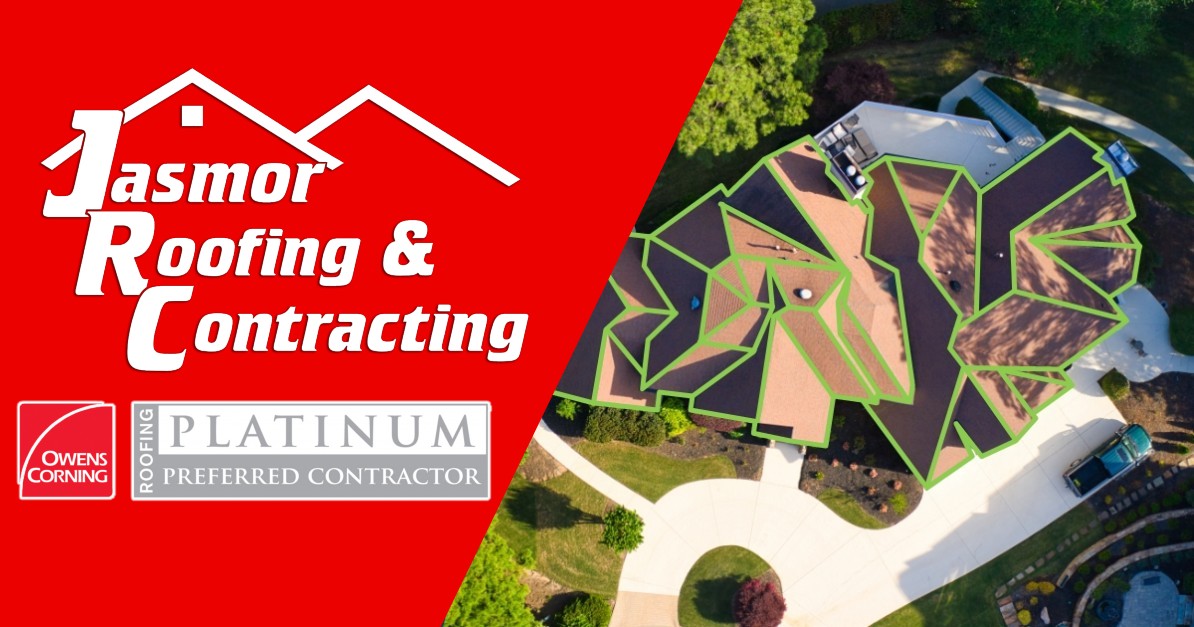 Jasmor Roofing & Contracting company banner featuring an aerial view of a residential roofing project with green measurement outlines.