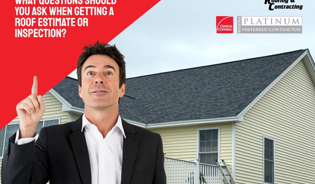 A man in a suit pointing to the text "What questions should you ask when getting a roof estimate or inspection?" on a red banner. The background shows a yellow house with a new roof, featuring the Jasmor Roofing & Contracting logo and Owens Corning Platinum Preferred Contractor badge.