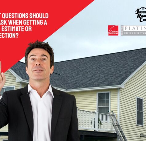 A man in a suit pointing to the text "What questions should you ask when getting a roof estimate or inspection?" on a red banner. The background shows a yellow house with a new roof, featuring the Jasmor Roofing & Contracting logo and Owens Corning Platinum Preferred Contractor badge.