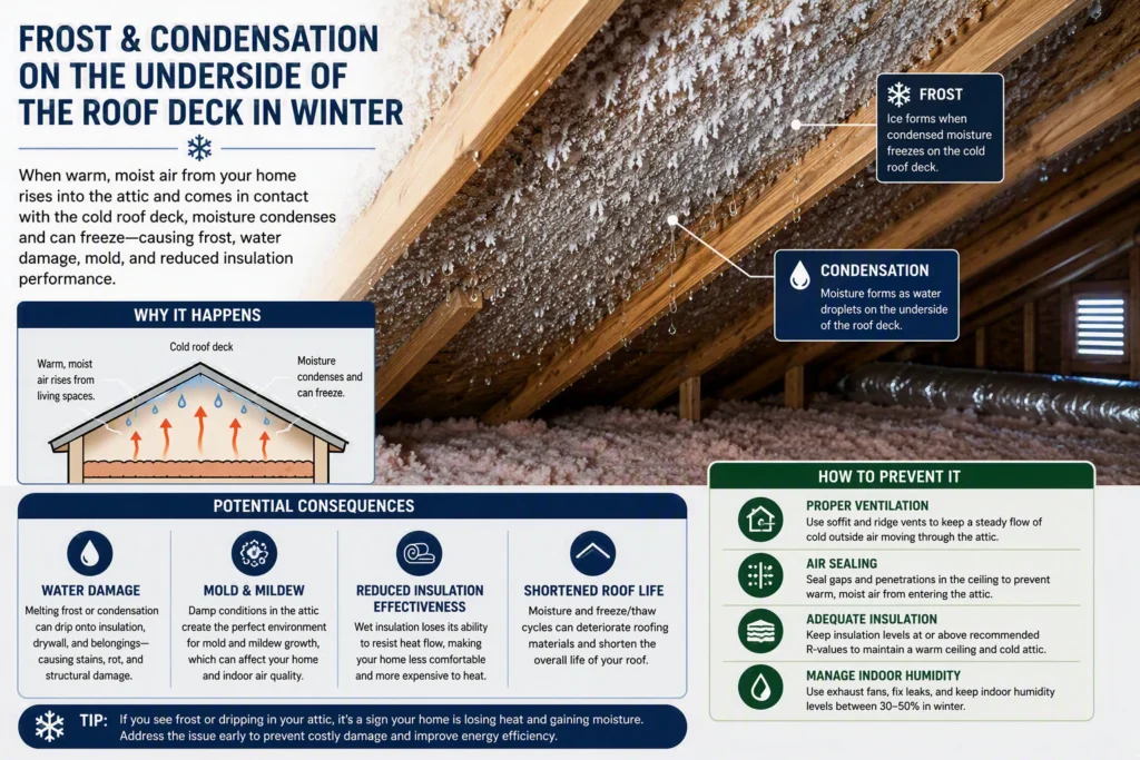 Infographic of frost and water droplets on the underside of an attic roof deck in winter, with prevention tips.