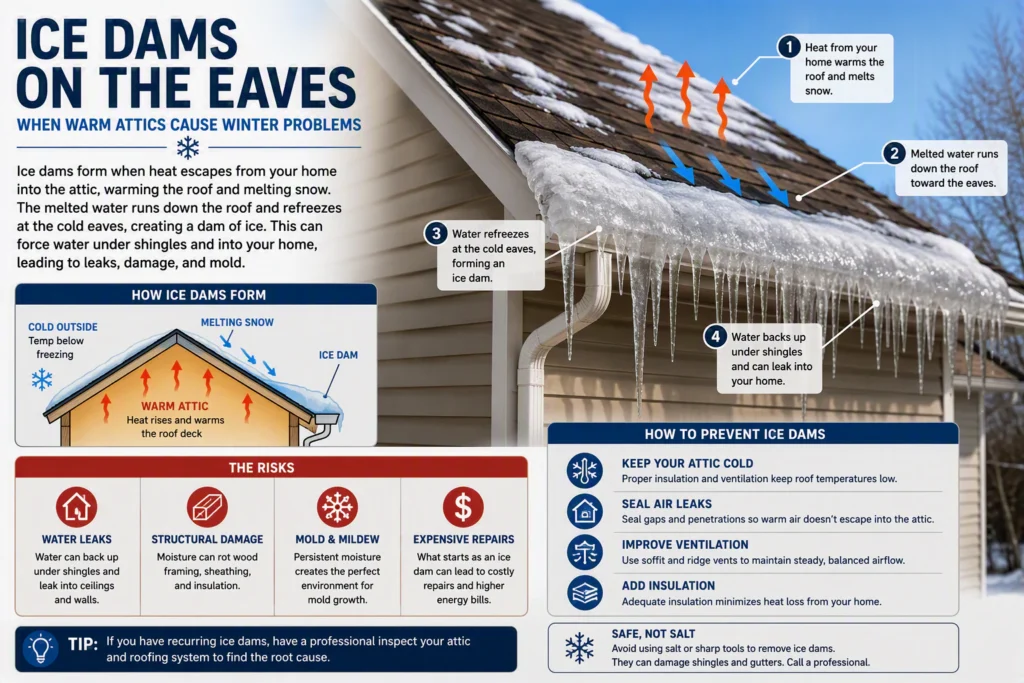 Infographic of an ice dam and icicles along a home's eaves, showing how attic heat melts snow that refreezes.