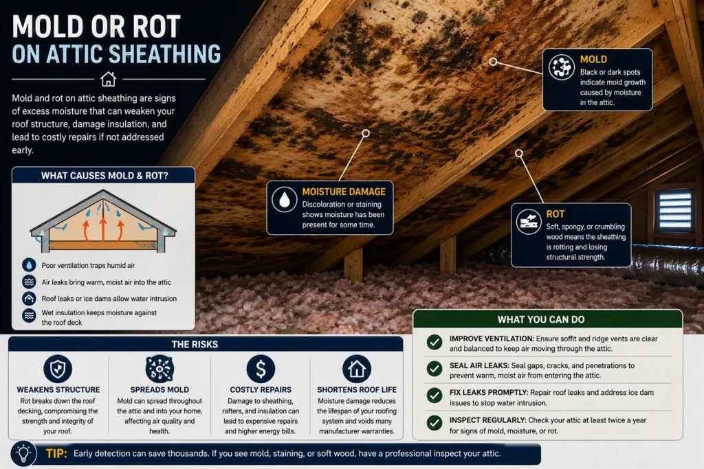 Infographic of dark mold spots and staining on attic roof sheathing, with causes, risks and prevention steps.