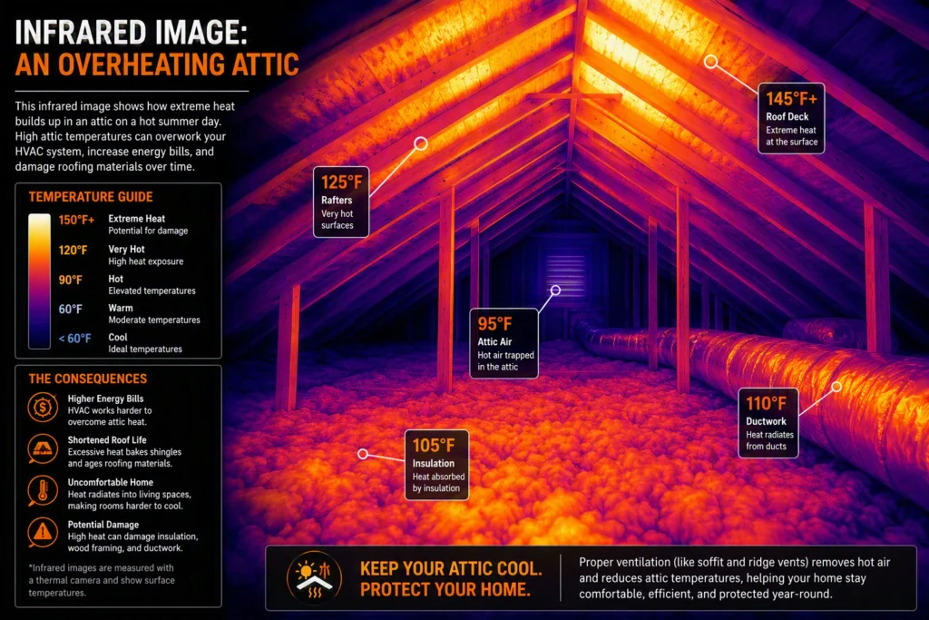 Thermal-style illustration of an overheating attic with hot spots on the roof deck, rafters, ductwork and insulation.