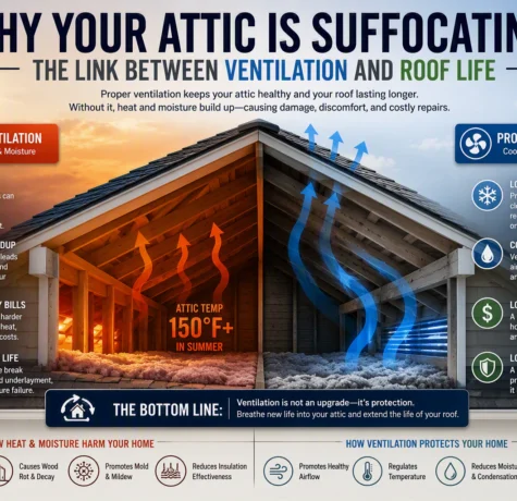 Infographic comparing a hot, moist, poorly ventilated attic with a cool, dry, properly ventilated attic.