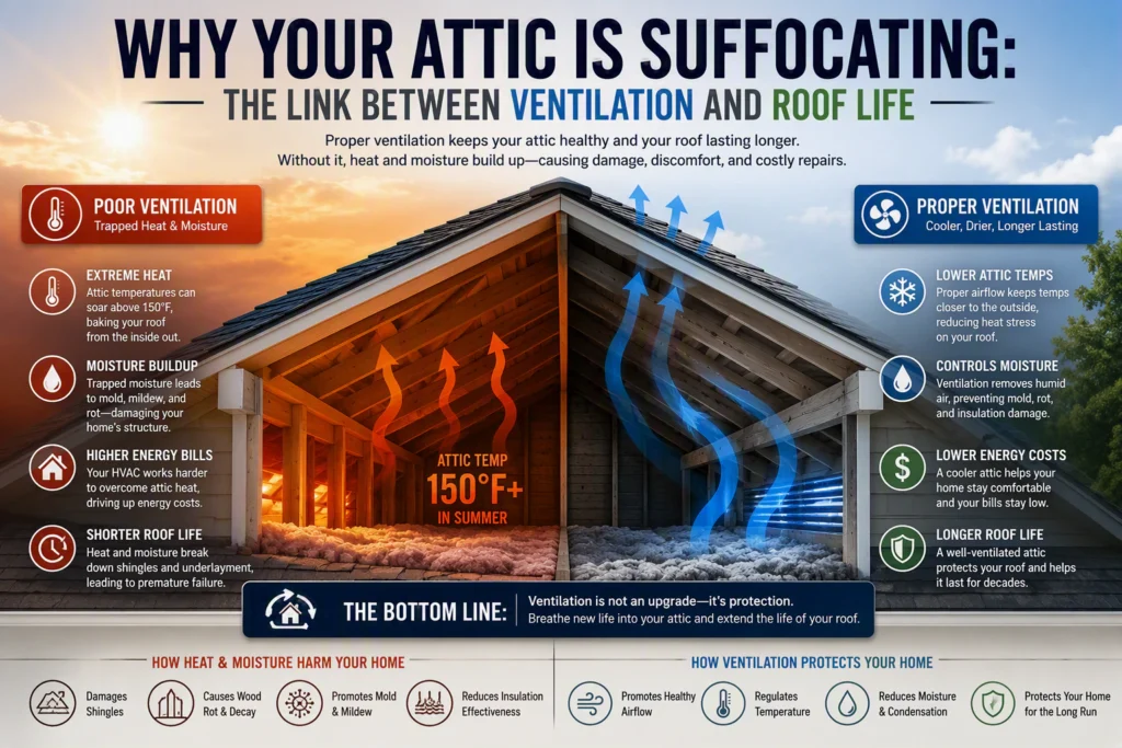 Infographic comparing a hot, moist, poorly ventilated attic with a cool, dry, properly ventilated attic.