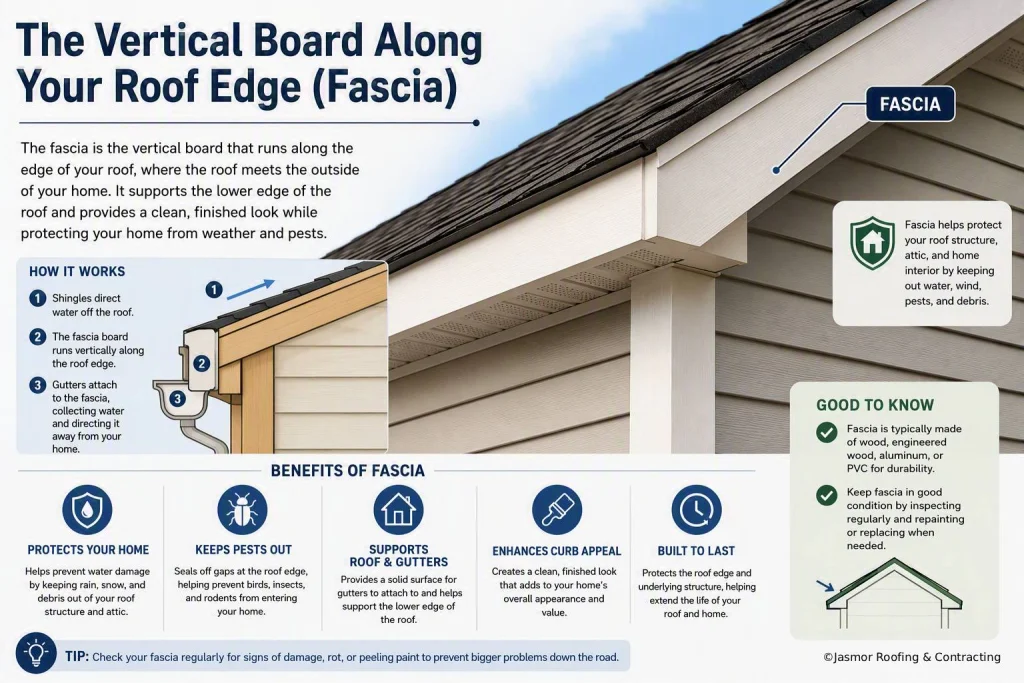 Fascia infographic showing the vertical board along the roof edge, how gutters attach to it, and its benefits.