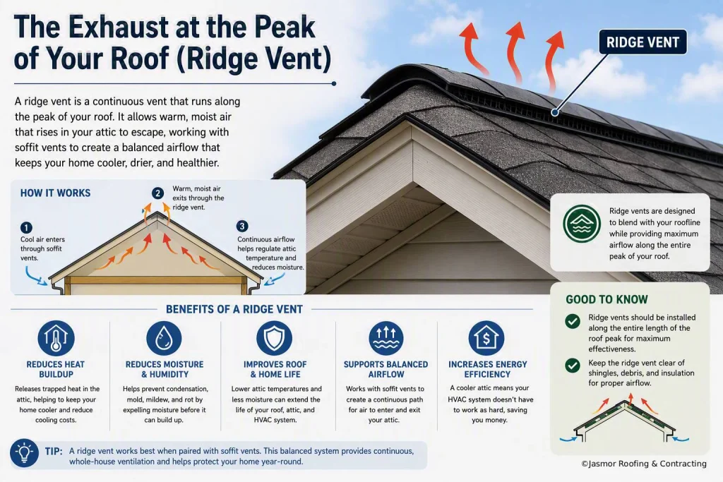 Ridge vent infographic showing warm, moist air exiting at the roof peak while soffit vents draw cool air in.