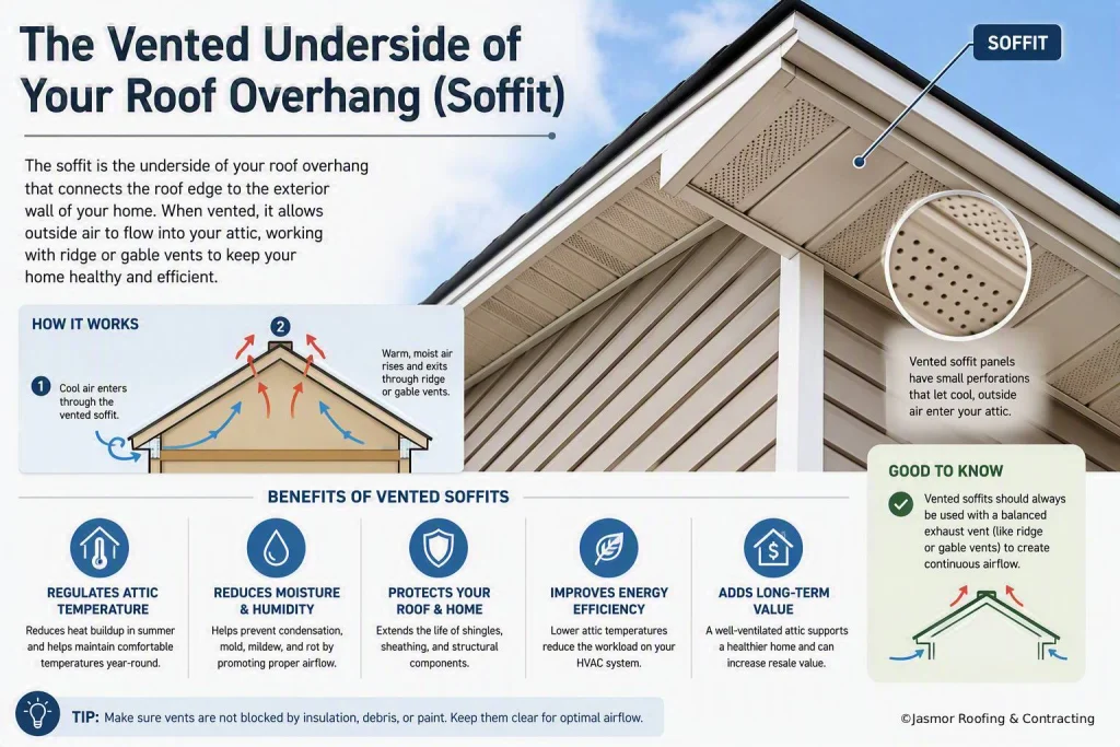 Soffit infographic: vented soffit panels let cool air into the attic, plus benefits and a tip to keep vents clear.