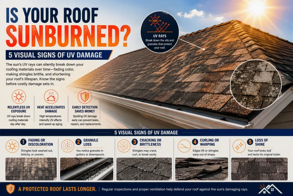 Infographic titled Is Your Roof Sunburned, showing a sun-faded shingle roof and five visual signs of UV damage.