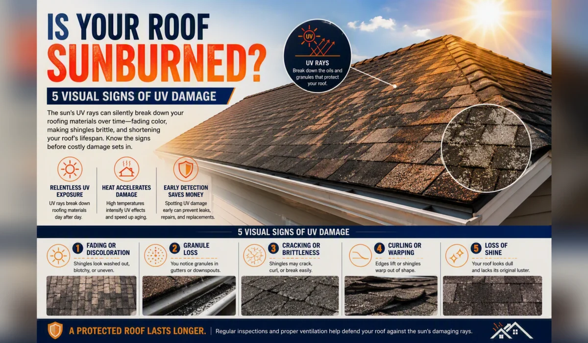 Infographic titled Is Your Roof Sunburned, showing a sun-faded shingle roof and five visual signs of UV damage.