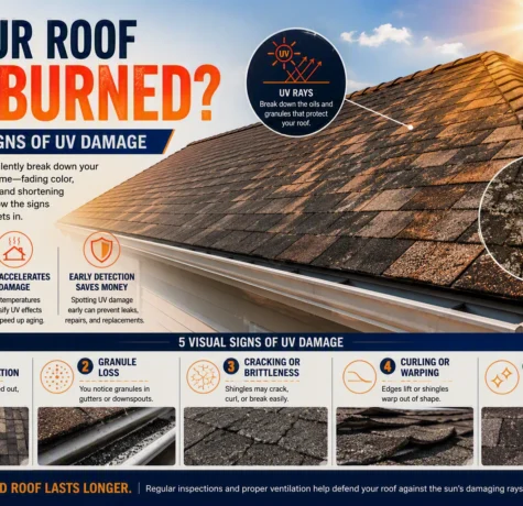 Infographic titled Is Your Roof Sunburned, showing a sun-faded shingle roof and five visual signs of UV damage.